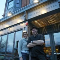 <p>Beacon Hotel Restaurant owner Alla Kormilitsyna and Executive Chef Matt Hutchins in front of the newly renovated restaurant.</p>