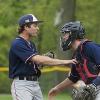 <p>Byram Hills pitcher Frankie Vesuvio and catcher Kevin Wietsma share a light moment on the mound in the seventh inning of Tuesday&#x27;s game.</p>
