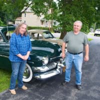 <p>Joanne and Bill White with their 1951 Mercury.</p>