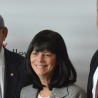 <p>Audrey Meyers, president and CEO of The Valley Hospital and Valley Health System, with U.S. Sen. Robert Menendez, a Paramus resident, left, and Paramus Mayor Richard LaBarbiera.</p>