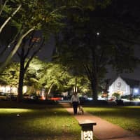 <p>A Ridgewood resident walking his dog and checking out the new lighting preview in Van Neste Square.</p>