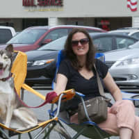 <p>A woman and her dog get front row seats for the Bethel Memorial Day Parade.</p>