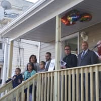 <p>Stuart Adelberg of Habitat for Humanity of Coastal Fairfield County speaks to the small crowd gathered.</p>