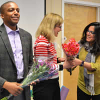 <p>Reena Chawal, founder of Reebel Brain Fitness, right, thanks the judges - Dr. Mill Etienne and Dr. Christine Jackson.</p>