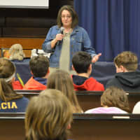 <p>Answering questions about infant loss for sixth-graders at Holdrum Middle School in River Vale.</p>
