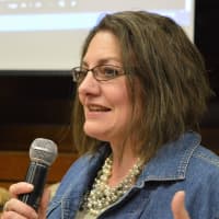 <p>Closter Mom Lisa Oliveri Vreeland, founder of Robby&#x27;s Rabits, addresses sixth-graders at the Holdrum Middle School in River Vale.</p>