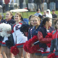 <p>Eastchester cheerleaders kept the crowd involved.</p>