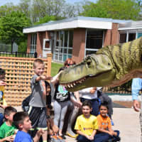 <p>Parkway students check out the dinosaur.</p>