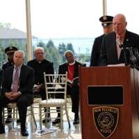 <p>New Rochelle Police Commissioner Patrick Carroll addressing his department.</p>