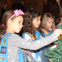 <p>Girl Scouts from Hasbrouck Heights adorn Christmas trees for the first-ever 501(c) Trees event at the Hilton.</p>
