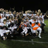 <p>Hasbrouck Heights Senior Aviators pose with the championship trophy after their win against Carlstadt-East Rutherford in the 2016 MFL Super Bowl.</p>