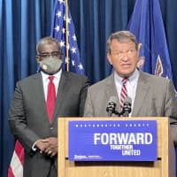 <p>Westchester County Executive George Latimer at his latest COVID-19 briefing.</p>