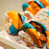 <p>A sampling of the food that will be available at UBS Arena. This is a fried chicken breast sandwich called &quot;The Islander,&quot; served on a bagel with the Islanders&#x27; team colors of blue and orange.</p>
