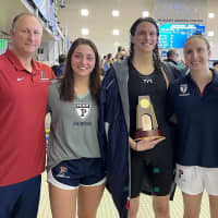 <p>Penn Swimming Coaches with Catherine Buroker (left), Lia Thomas (center) Anna Kalandadze (right) after the competition</p>