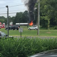 <p>The tanker fire burns on I-95 southbound in Norwalk.</p>