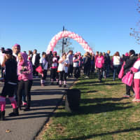 <p>Walkers head to the starting line of the Making Strides Against Breast Cancer fundraiser.</p>