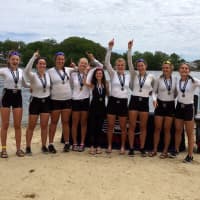 <p>SRC’s gold-medal womens youth 8+ crew, celebrating their win at Northeast Regionals.  See story for IDs.</p>