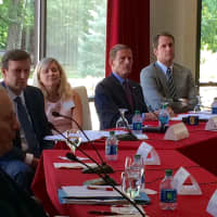 <p>U.S. Sen. Chris Murphy, second from left, and U.S. Sen. Richard Blumenthal, second from right, and U.S. Rep. Jim Himes, right, listen to healthcare professions speak on opioid addiction.</p>