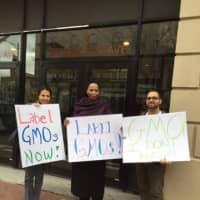 <p>Mount Vernon activists , from left, Reyna Gonzalez, Mother Khoshhali and Vinny Carson demonstrate in Albany recently to support a bill which would require the labeling of genetically engineered or modified foods.</p>