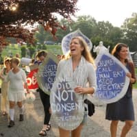 <p>Foes of the Algonquin Incremental Market gas pipeline project protest Friday in Verplanck. Three of them were arrested at a Spectra Energy drill site for blocking workers.</p>