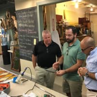 <p>State Reps. Jason Perillo and Ben McGorty visit The Glass Source, a stained glass studio owned and operated by Michael Skrtic in Shelton.</p>