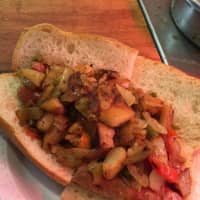 <p>The Goffle Grill&#x27;s loaded Italian dog.</p>