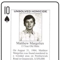 <p>The unsolved murder of 13-year-old Matthew Margolies of Greenwich is one of several included in a new deck of cold case cards distributed to Connecticut inmates.</p>
