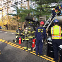 <p>Rockland County&#x27;s Hazmat Team ensured a safe and efficient transfer of the remaining diesel fuel and hydraulic fluid from the overturned tractor-trailer carrying logs on Route 9W in Stony Point.</p>