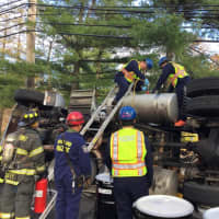 <p>Rockland County hazmat respond to a truck accident rollover on Route 9W in Stony Point.</p>