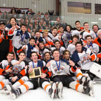 <p>Defending state champion Mamaroneck&#x27;s varsity hockey team after its Division 1 playoff win over Suffern.</p>