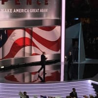 <p>Donald Trump takes the stage and heads for the podium at the Quicken Loans Arena.</p>