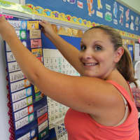 <p>Lyndhurst&#x27;s Sacred Heart School Kindergarten teacher Theresa Roman sets up her classroom.</p>