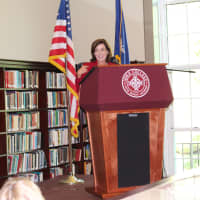 <p>New York state Lt. Gov. Kathy Hochul speaking at Iona College in New Rochelle.</p>