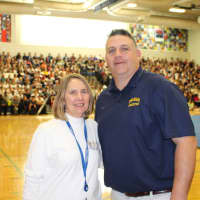 <p>Pelham Memorial High School Principal Jeannine Clark and Athletic Director Steve Luciana at the homecoming pep rally on Friday.</p>