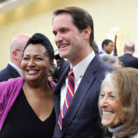 <p>Jim Himes poses for photos with his supporters after his victory speech at the Stamford Sheraton on election night.</p>