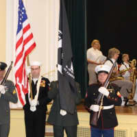 <p>Veterans of the four military branches form the color guard during the Veterans Day services at Westport Town Hall.</p>