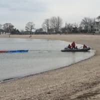 <p>The two kayakers are safely rescued and brought to Compo Beach in Westport</p>