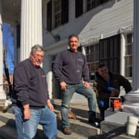 <p>Joe Murdock, Justyn Lewis and Mark Semo on the job at a pillar renovation project at the historic Putnam County Courthouse. The pillar designs are similar to those on the Monument of Lysicrates in Athens.</p>