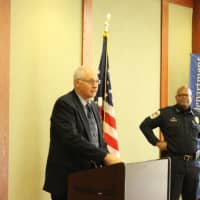 <p>Retired Detective Sgt. Randy Salazar speaks about the late Ken and Ann Gleszer before donations from their estate are distributed to area police chiefs to support their K-9 programs.</p>