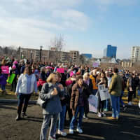<p>Protesters begin to gather Saturday morning at Mill River Park for the Women&#x27;s March on Stamford.</p>