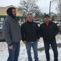 <p>From left: William Tiernan, Paul Delmonico and Darwin Bolo, the three heroes who instinctively responded to the vehicle that was rolling off the roadway and went airborne before landing in a parking lot in Paramus Monday.</p>