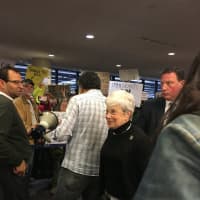 <p>Lt. Gov. Nancy Wyman winds through the crowd at Bradley International Airport on Sunday after speaking in support of the protest.</p>