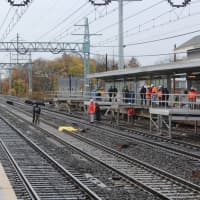 <p>Emergency responders at the scene Wednesday at the Stratford train station.</p>