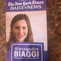 <p>Alessandra Biaggi, a first-time Democratic candidate, handed out these flyers with campaign aides on Thursday before her upset primary victory over state Sen. Jeff Klein.</p>