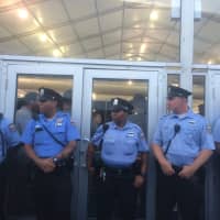 <p>Police stand guard outside the Democratic National Convention in Philadelphia.</p>