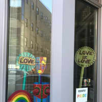 <p>One window features props from the third annual Gay Pride Walk in downtown Bridgeport.</p>
