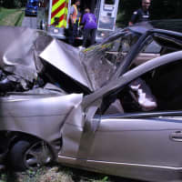 <p>A look at the damage sustained by the car after crashing into the pole in Mahopac.</p>