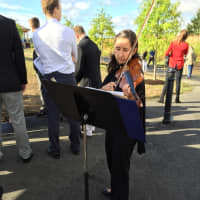 <p>A violinist performs at Greenwich&#x27;s 9/11 Memorial dedication Friday morning. </p>
