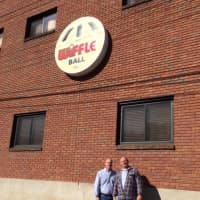 <p>David and Stephen Mullany outside their Wiffle Ball factory.</p>