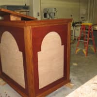 <p>The pulpit and lectern for Pope Francis&#x27; Mass at Madison Square Garden as it looked Tuesday at Lincoln Hall Boys&#x27; Haven in Somers. Student carpenters at Lincoln Hall built the pulpit and an altar.</p>